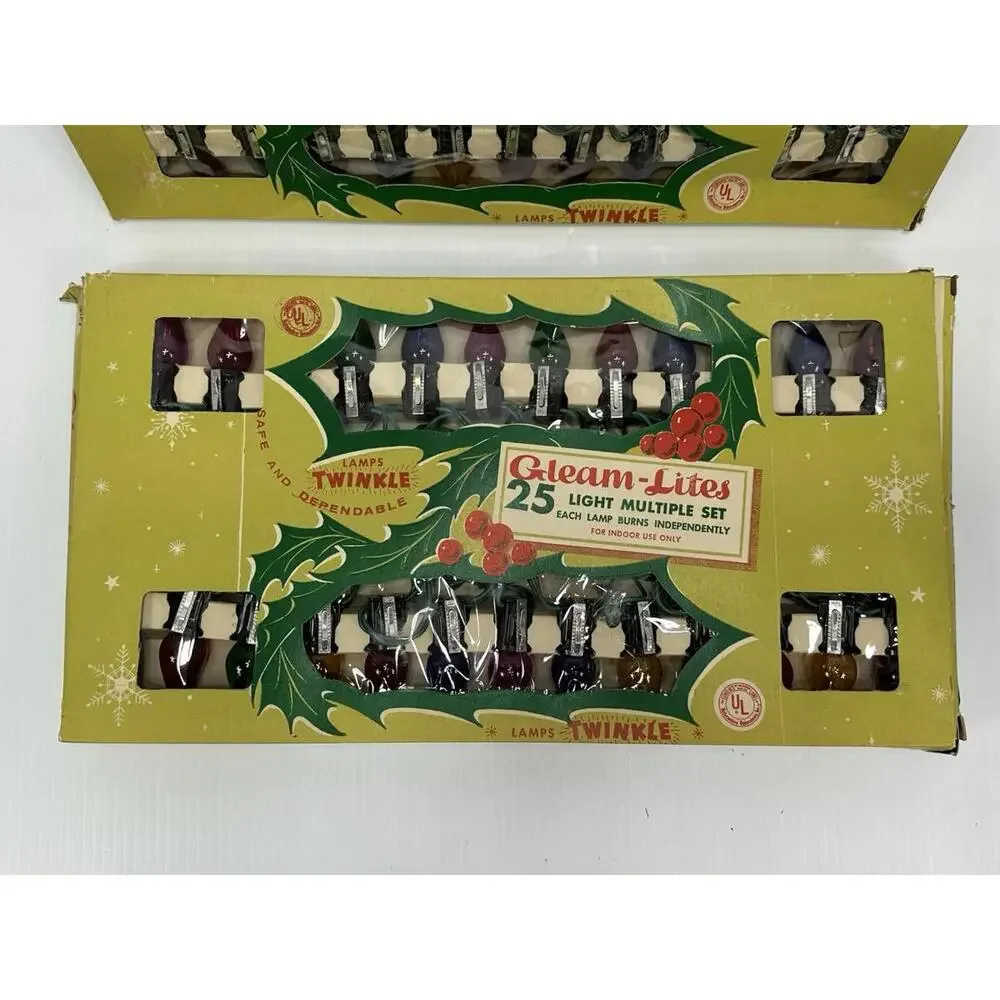 2 Vintage‎ Sets Gleam Lites Twinkle Christmas 25 Lights Indoor Blinking Forking